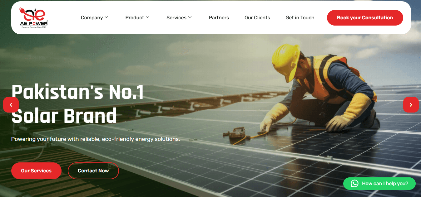 AE Power homepage hero — Pakistan's No.1 Solar Brand with a technician installing solar panels