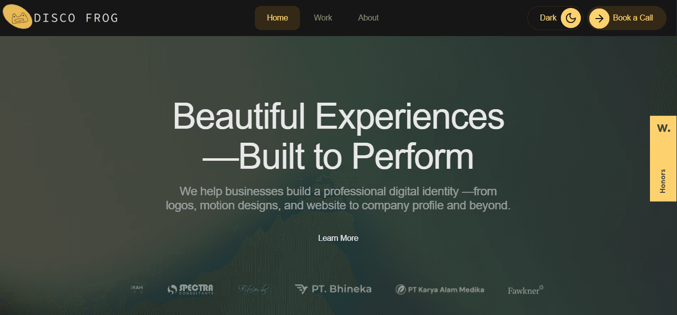 Disco Frog Studio site featuring a creative studio portfolio