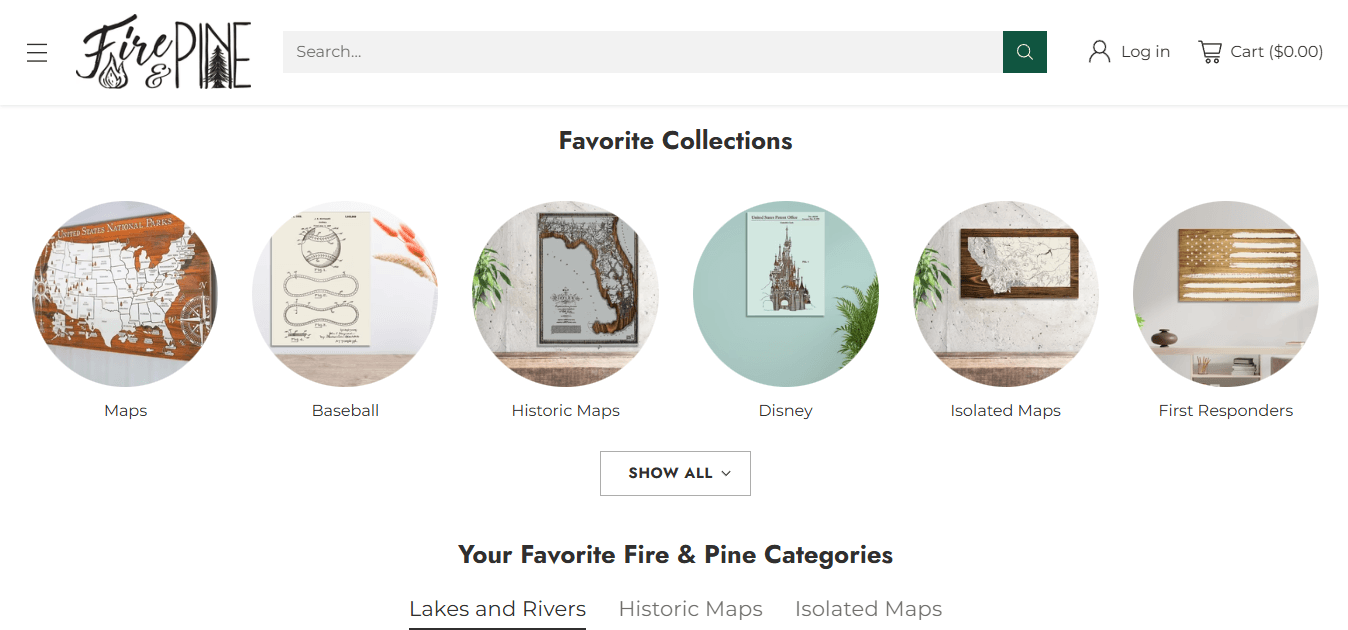 Fire & Pine storefront featuring wooden map art and favorite collections