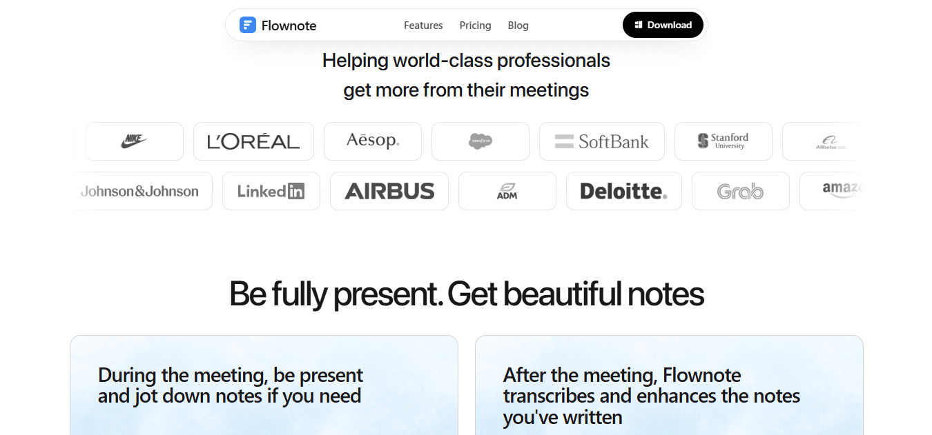 Flownote.ai landing page featuring AI note-taking and meeting summaries
