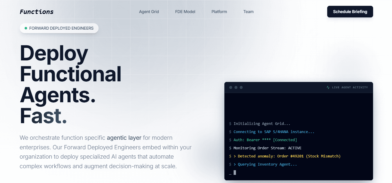 Functions.ai homepage highlighting AI agents and automation workflows