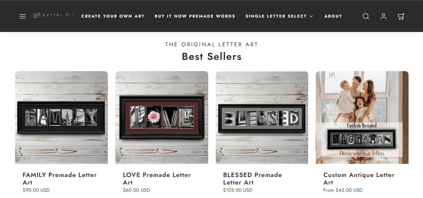 Letter Art storefront showcasing FAMILY, LOVE and BLESSED premade letter art best sellers