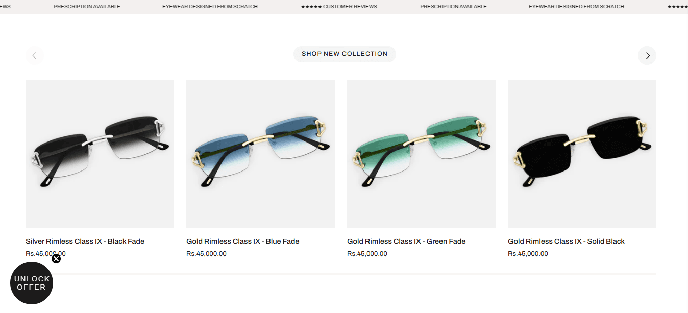 LuxFrames storefront showing rimless designer sunglasses in black, blue, green and solid black fades