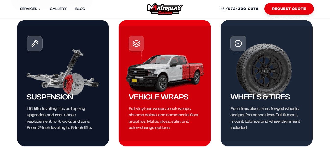 Metroplex Customs storefront showcasing custom automotive builds